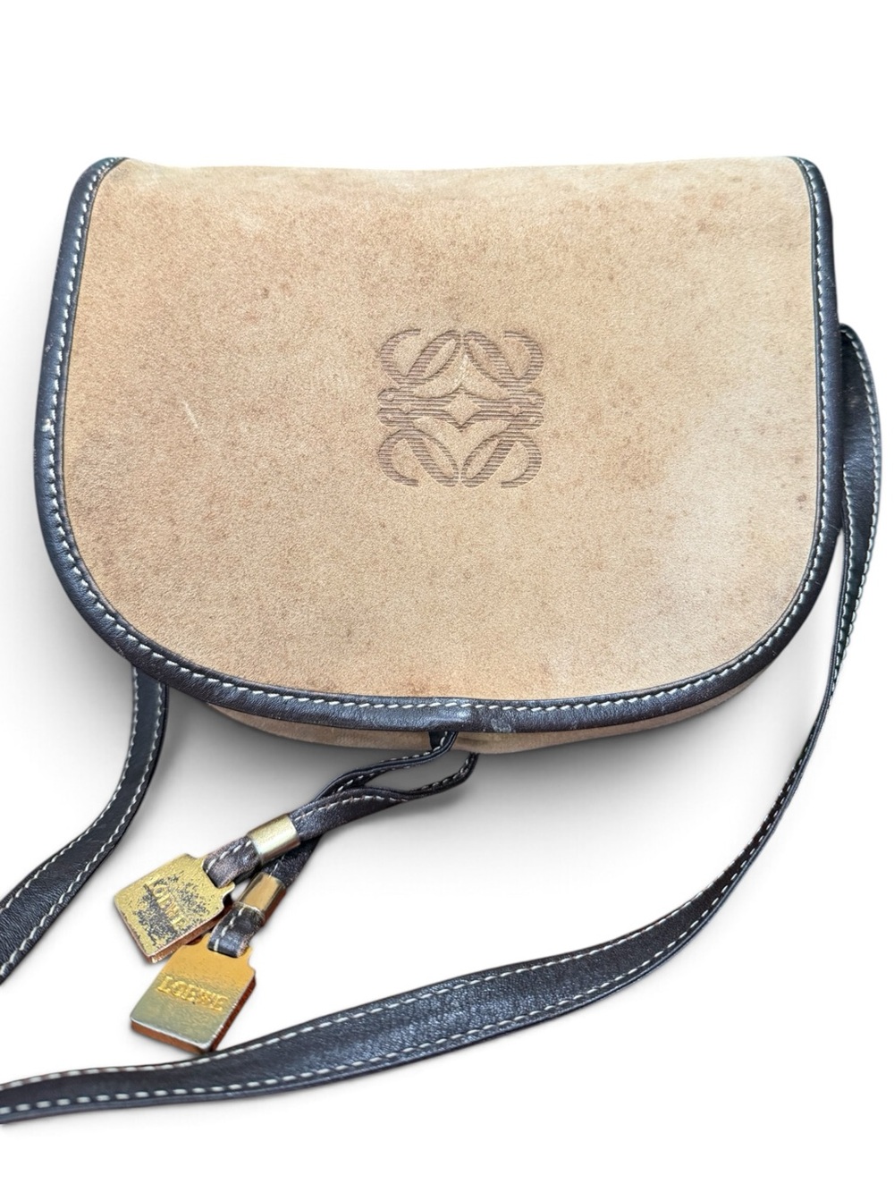 Vintage Loewe Anagram Tan Suede Leather Saddle Crossbody Bag Spain